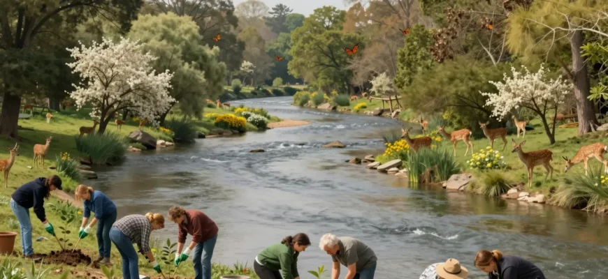 A vibrant, restored central continental landscape showing a wide, meandering river flowing through a thriving forest with diverse trees, blooming flowers, and wildlife such as deer, birds, and butterflies. In the foreground, a group of people of various ages are planting saplings and cleaning the riverbank, symbolizing community effort. The sky is clear with soft sunlight illuminating the scene, emphasizing the rejuvenated natural environment.