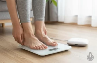 A serene home setting with a modern digital scale on a wooden floor, a person in casual clothing gently placing their foot on the scale, a sleek SensaCalm device displayed beside it, soft natural light filtering through a window, subtle green plants in the background, and a faint overlay of a lead weight icon in the corner to represent the concept of lead