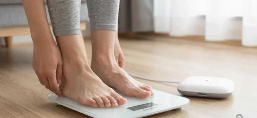 A serene home setting with a modern digital scale on a wooden floor, a person in casual clothing gently placing their foot on the scale, a sleek SensaCalm device displayed beside it, soft natural light filtering through a window, subtle green plants in the background, and a faint overlay of a lead weight icon in the corner to represent the concept of lead