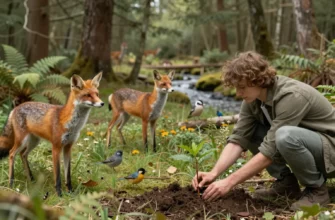 A lush, rewilded forest scene showing a diverse array of wildlife—deer, foxes, birds, and insects—interacting with a small, restored meadow. In the foreground, a human figure in casual outdoor clothing is gently placing a seedling into the soil, symbolizing active human participation in ecological restoration. The background features a mix of mature trees, ferns, and a clear stream, all rendered in a detailed, realistic style that conveys the richness of a thriving ecosystem.