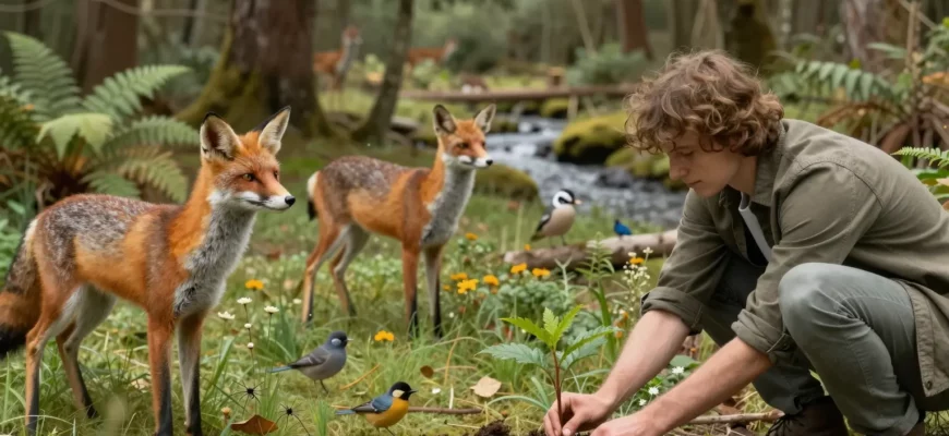 A lush, rewilded forest scene showing a diverse array of wildlife—deer, foxes, birds, and insects—interacting with a small, restored meadow. In the foreground, a human figure in casual outdoor clothing is gently placing a seedling into the soil, symbolizing active human participation in ecological restoration. The background features a mix of mature trees, ferns, and a clear stream, all rendered in a detailed, realistic style that conveys the richness of a thriving ecosystem.