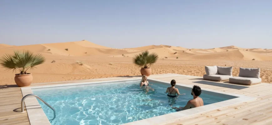 A serene desert wellness studio set against a backdrop of golden sand dunes under a clear blue sky, featuring a sleek modern cold plunge pool with crystal‑clear water, surrounded by minimalist wooden decking and lush green potted plants. A few relaxed individuals in swimwear are gently stepping into the pool, while a yoga mat and a small meditation corner with cushions are visible nearby. The scene captures the contrast between the hot desert environment and the refreshing coolness of the plunge