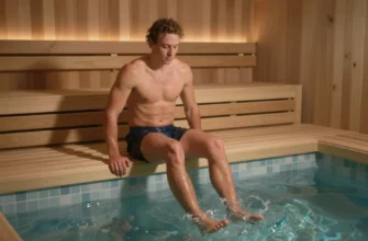 A person in a sauna, then stepping into a cold water pool, illustrating contrast therapy, with a calm, healthy atmosphere, no text