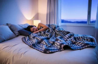 A cozy bedroom scene featuring a person peacefully sleeping on a mosaic weighted blanket, with soft ambient lighting, a nightstand with a lamp, and a window showing a calm night sky. The blanket should display a subtle mosaic pattern in muted colors, and the overall atmosphere should convey comfort and tranquility.