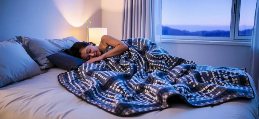 A cozy bedroom scene featuring a person peacefully sleeping on a mosaic weighted blanket, with soft ambient lighting, a nightstand with a lamp, and a window showing a calm night sky. The blanket should display a subtle mosaic pattern in muted colors, and the overall atmosphere should convey comfort and tranquility.