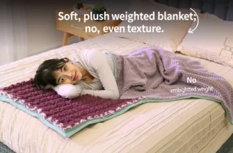 A cozy bedroom scene featuring a person lying on a soft, plush weighted blanket that has no beads or embedded weights, showcasing a smooth, even texture. The blanket should appear dense and comforting, with a subtle pattern or color, and the person should look relaxed. The setting should be warm and inviting, with soft lighting and a minimalistic background.