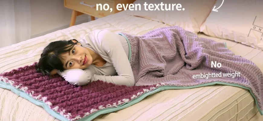 A cozy bedroom scene featuring a person lying on a soft, plush weighted blanket that has no beads or embedded weights, showcasing a smooth, even texture. The blanket should appear dense and comforting, with a subtle pattern or color, and the person should look relaxed. The setting should be warm and inviting, with soft lighting and a minimalistic background.