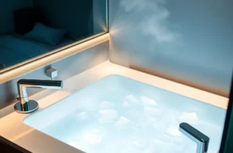 A sleek modern bathroom featuring a frosted glass cold plunge tub filled with clear icy water, minimalist chrome fixtures, soft ambient lighting, and subtle steam rising from the surface, emphasizing clean lines and a spa-like atmosphere