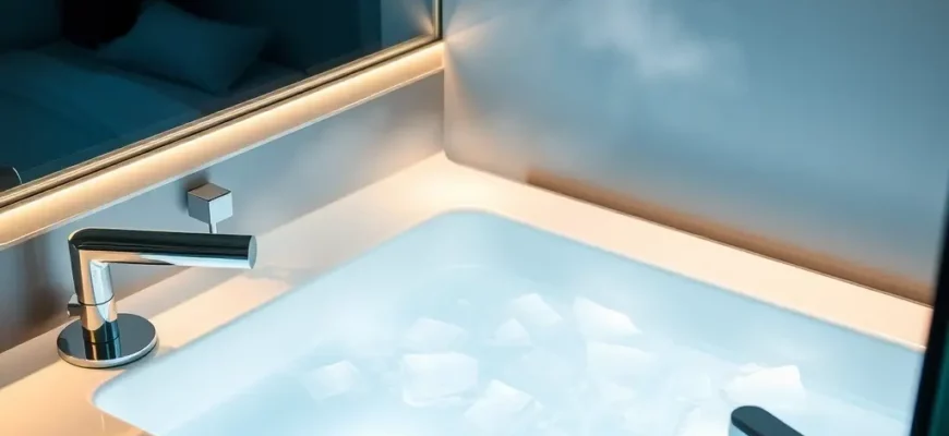 A sleek modern bathroom featuring a frosted glass cold plunge tub filled with clear icy water, minimalist chrome fixtures, soft ambient lighting, and subtle steam rising from the surface, emphasizing clean lines and a spa-like atmosphere