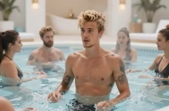 A photorealistic scene of a young male pop star resembling Justin Bieber standing in a crystal-clear icy plunge pool, surrounded by other famous celebrities also enjoying the cold water, with steam rising and a bright, luxurious spa setting in the background, conveying a sense of freedom and wellness
