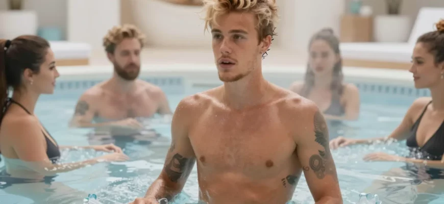 A photorealistic scene of a young male pop star resembling Justin Bieber standing in a crystal-clear icy plunge pool, surrounded by other famous celebrities also enjoying the cold water, with steam rising and a bright, luxurious spa setting in the background, conveying a sense of freedom and wellness