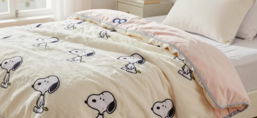 A cozy bedroom scene featuring a plush, pastel-colored weighted blanket with a classic Snoopy cartoon pattern draped over a neatly made bed. The blanket looks thick and comforting, with subtle stitching details. Soft natural light streams through a window, highlighting the blanket's texture. A small, stylish nightstand with a steaming mug and a book sits nearby, emphasizing relaxation. No text, logos, or watermarks are present.