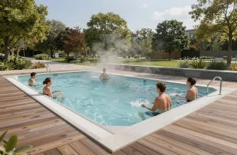 A modern municipal cold plunge facility in a public park: a sleek, rectangular cold water pool surrounded by wooden decking, with a few adults in swimwear calmly entering the icy water, mist rising from the surface, surrounded by green trees and a minimalist stone walkway, under a clear sky.
