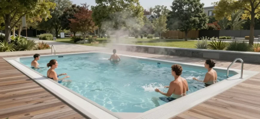 A modern municipal cold plunge facility in a public park: a sleek, rectangular cold water pool surrounded by wooden decking, with a few adults in swimwear calmly entering the icy water, mist rising from the surface, surrounded by green trees and a minimalist stone walkway, under a clear sky.