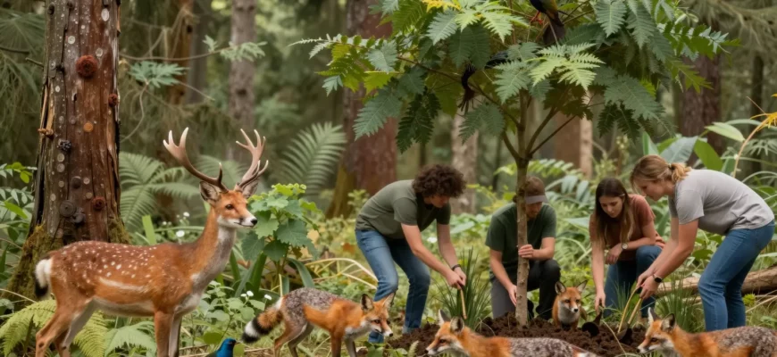 A vibrant, lush forest scene showing a diverse array of wildlife such as deer, foxes, and birds, with a small group of people planting trees and interacting with the environment, illustrating the concept of rewilding and restoring nature's balance