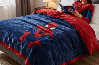 A cozy bedroom scene featuring a plush, dark red and blue Spiderman-themed weighted blanket draped over a comfortable bed, with subtle spider web patterns on the blanket, soft ambient lighting, a nightstand with a lamp, and a relaxed person reading a book, emphasizing comfort and superhero style without any visible text or logos