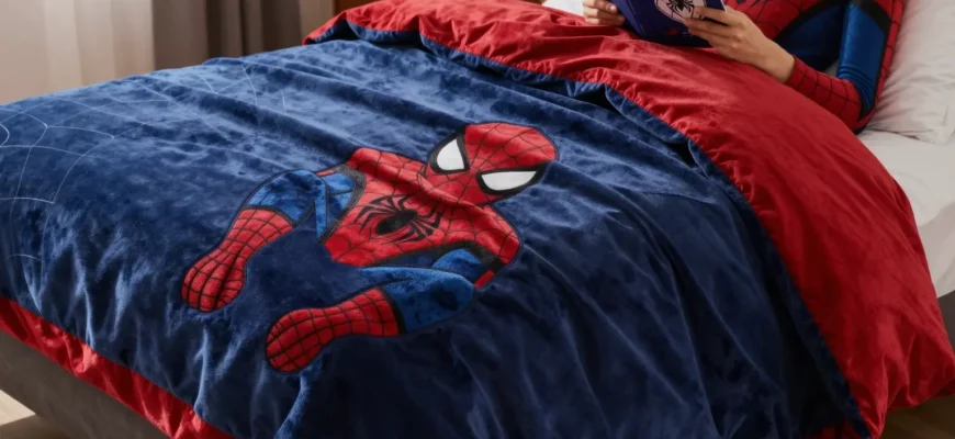 A cozy bedroom scene featuring a plush, dark red and blue Spiderman-themed weighted blanket draped over a comfortable bed, with subtle spider web patterns on the blanket, soft ambient lighting, a nightstand with a lamp, and a relaxed person reading a book, emphasizing comfort and superhero style without any visible text or logos