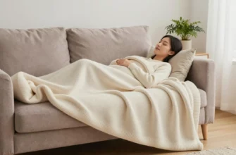 A cozy bedroom scene featuring a Nuzzie Knit Weighted Blanket draped over a plush sofa, with a relaxed adult lying on it, surrounded by soft warm lighting, a small potted plant, and a subtle, inviting atmosphere