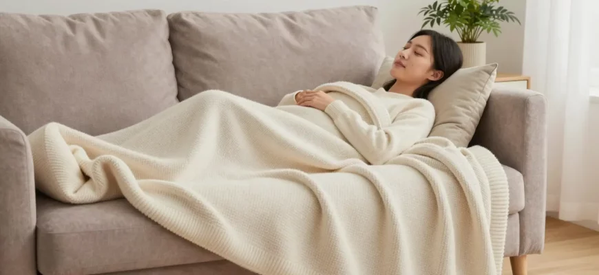 A cozy bedroom scene featuring a Nuzzie Knit Weighted Blanket draped over a plush sofa, with a relaxed adult lying on it, surrounded by soft warm lighting, a small potted plant, and a subtle, inviting atmosphere