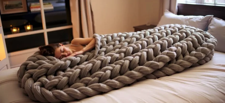 A cozy bedroom scene at night, featuring a person peacefully sleeping on a large, intricately braided weighted blanket draped over a comfortable bed. The blanket should have a textured, woven appearance with subtle color variations, and the room should have soft ambient lighting, a nightstand, and a window with curtains. The overall mood is calm and restful, emphasizing the comfort and weight of the blanket.