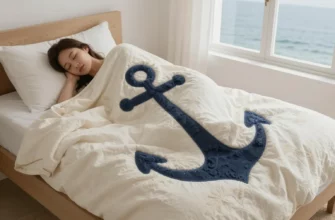 A serene, softly lit bedroom scene featuring a person peacefully resting on a heavy weighted blanket that visually resembles an anchor, symbolizing stability and comfort. The blanket drapes over the person and the bed, with subtle nautical elements like a faint rope texture and a calm sea view through a window, emphasizing the anchor metaphor without any text or logos.