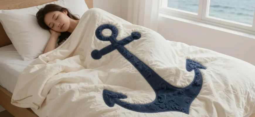 A serene, softly lit bedroom scene featuring a person peacefully resting on a heavy weighted blanket that visually resembles an anchor, symbolizing stability and comfort. The blanket drapes over the person and the bed, with subtle nautical elements like a faint rope texture and a calm sea view through a window, emphasizing the anchor metaphor without any text or logos.
