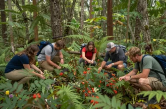 A lush, regenerating forest with diverse wildlife, a small group of people in natural clothing gathering wild berries and herbs, sunlight filtering through the canopy, vibrant colors, a sense of harmony and stewardship, no modern buildings or technology visible