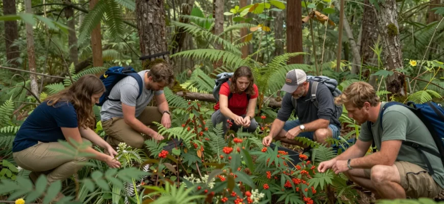 A lush, regenerating forest with diverse wildlife, a small group of people in natural clothing gathering wild berries and herbs, sunlight filtering through the canopy, vibrant colors, a sense of harmony and stewardship, no modern buildings or technology visible