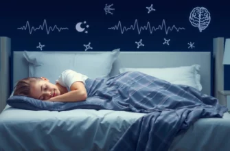 A peaceful bedroom scene with a person lying on a weighted blanket, soft lighting, subtle scientific symbols like brain wave patterns in the background, conveying calm and restful sleep.
