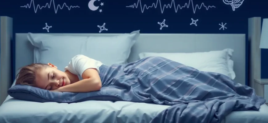A peaceful bedroom scene with a person lying on a weighted blanket, soft lighting, subtle scientific symbols like brain wave patterns in the background, conveying calm and restful sleep.