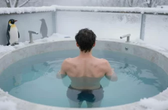 A person standing in a clear, icy cold plunge tub surrounded by frosty water, with subtle penguin-themed design elements like a penguin silhouette or pattern on the tub walls, set in a calm, therapeutic environment with soft lighting and a hint of a winter landscape in the background