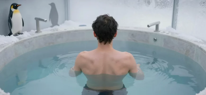 A person standing in a clear, icy cold plunge tub surrounded by frosty water, with subtle penguin-themed design elements like a penguin silhouette or pattern on the tub walls, set in a calm, therapeutic environment with soft lighting and a hint of a winter landscape in the background
