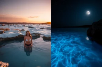 A serene outdoor cold plunge scene featuring a person standing in a clear, icy pool surrounded by natural elements. The setting is split into two halves: one side shows a soft sunrise with warm golden light and a calm morning atmosphere, while the other side displays a starry night sky with cool blue moonlight and a tranquil nighttime vibe. The person is relaxed, wearing minimal clothing, and the water is crystal clear, reflecting the contrasting light conditions. No text or symbols are present.