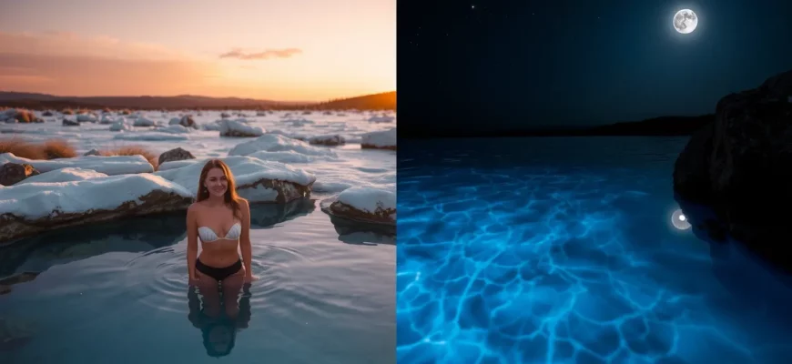 A serene outdoor cold plunge scene featuring a person standing in a clear, icy pool surrounded by natural elements. The setting is split into two halves: one side shows a soft sunrise with warm golden light and a calm morning atmosphere, while the other side displays a starry night sky with cool blue moonlight and a tranquil nighttime vibe. The person is relaxed, wearing minimal clothing, and the water is crystal clear, reflecting the contrasting light conditions. No text or symbols are present.