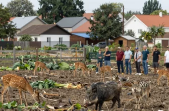 A rural community scene showing the negative impacts of rewilding: a small village with fields being overtaken by wild animals such as deer, boars, and wolves; damaged crops, abandoned fences, and worried residents looking on; a contrast between natural wilderness encroaching on human habitation and the loss of livelihood, all depicted realistically without any text or signage