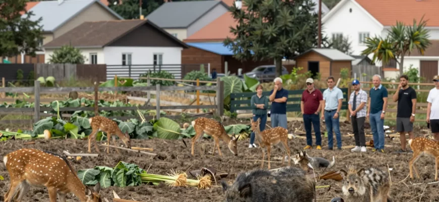 A rural community scene showing the negative impacts of rewilding: a small village with fields being overtaken by wild animals such as deer, boars, and wolves; damaged crops, abandoned fences, and worried residents looking on; a contrast between natural wilderness encroaching on human habitation and the loss of livelihood, all depicted realistically without any text or signage