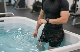 A fit individual in workout attire standing beside a clear cold plunge tub filled with icy water, with a gym environment in the background. The person is holding a wristwatch, indicating timing, and is poised to step into the tub. The scene captures the contrast between warm workout gear and the cool, reflective surface of the plunge.