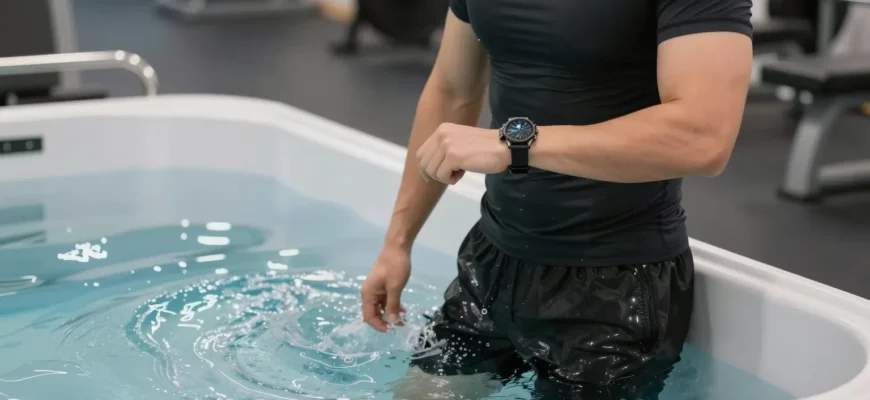 A fit individual in workout attire standing beside a clear cold plunge tub filled with icy water, with a gym environment in the background. The person is holding a wristwatch, indicating timing, and is poised to step into the tub. The scene captures the contrast between warm workout gear and the cool, reflective surface of the plunge.