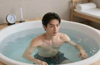 A person standing in a cold plunge tub filled with ice water, surrounded by a serene spa environment, with subtle scientific elements such as a thermometer and a recovery setting, no text or logos