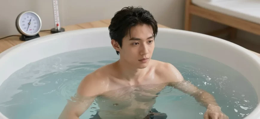 A person standing in a cold plunge tub filled with ice water, surrounded by a serene spa environment, with subtle scientific elements such as a thermometer and a recovery setting, no text or logos