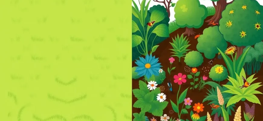 A split-scene illustration showing a manicured, perfectly trimmed lawn on one side, with uniform green grass and a clean, symmetrical layout, transitioning into a vibrant, biodiverse living ecosystem on the other side, featuring a variety of plants, flowers, shrubs, trees, and small wildlife such as insects and birds, with a natural, lush, and slightly wild atmosphere. The transition should be smooth, showing a gradual change in plant density and diversity, with a clear visual contrast between the sterile, manicured grass and the thriving, natural ecosystem.