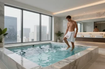 A luxurious modern apartment interior featuring a sleek, glass-walled cold plunge pool with crystal-clear icy water, surrounded by minimalist marble tiles and subtle ambient lighting; a stylish individual in a towel stands at the edge, about to step in, highlighting the upscale wellness lifestyle; large floor-to-ceiling windows show a city skyline in the background, emphasizing the high-end residential setting.
