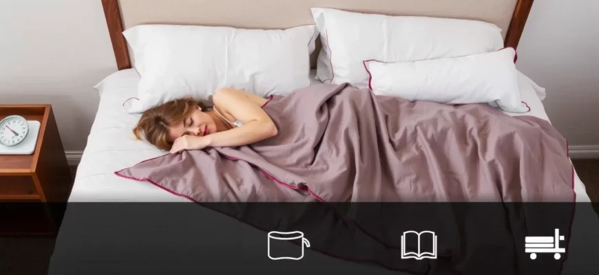 A person lying on a bed with a weighted blanket draped over them, a nearby scale showing weight, and a subtle visual representation of different blanket weights (e.g., a gradient or icons) in a calm bedroom setting, no text or numbers visible