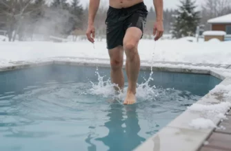 A photorealistic scene of a person stepping into a modern outdoor cold plunge pool surrounded by icy water and mist, with subtle frost on the pool edges and a natural winter landscape in the background; the focus is on the refreshing cold water and the serene atmosphere, conveying the concept of regular cold plunges for health.