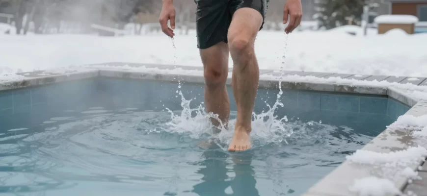 A photorealistic scene of a person stepping into a modern outdoor cold plunge pool surrounded by icy water and mist, with subtle frost on the pool edges and a natural winter landscape in the background; the focus is on the refreshing cold water and the serene atmosphere, conveying the concept of regular cold plunges for health.