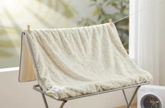 A photorealistic scene of a weighted blanket being dried, gently hanging on a clothesline outdoors with soft sunlight and a light breeze, or placed flat on a clean drying rack indoors near a low‑heat dryer, showing the blanket's texture and weight distribution clearly, emphasizing proper care and preservation