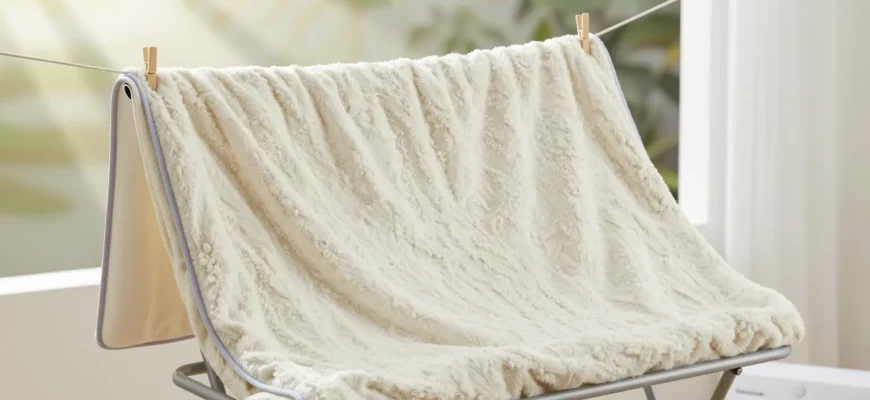 A photorealistic scene of a weighted blanket being dried, gently hanging on a clothesline outdoors with soft sunlight and a light breeze, or placed flat on a clean drying rack indoors near a low‑heat dryer, showing the blanket's texture and weight distribution clearly, emphasizing proper care and preservation