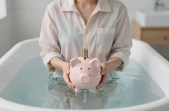 A person standing in a clear cold plunge tub, wearing a light jacket, with a subtle representation of a healthcare savings account such as a small piggy bank or a stack of coins, in a calm, modern bathroom setting