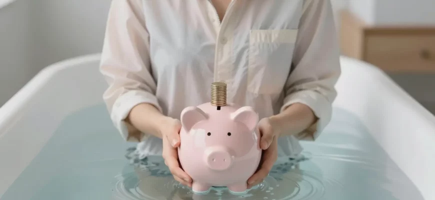 A person standing in a clear cold plunge tub, wearing a light jacket, with a subtle representation of a healthcare savings account such as a small piggy bank or a stack of coins, in a calm, modern bathroom setting