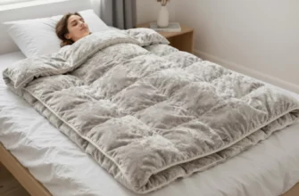 A cozy bedroom scene with a person lying on a bed, wrapped in a HoMedics weighted blanket. The blanket should be shown in detail, highlighting its plush texture and evenly distributed weight. The setting should convey comfort and relaxation, with soft lighting and a calm atmosphere.